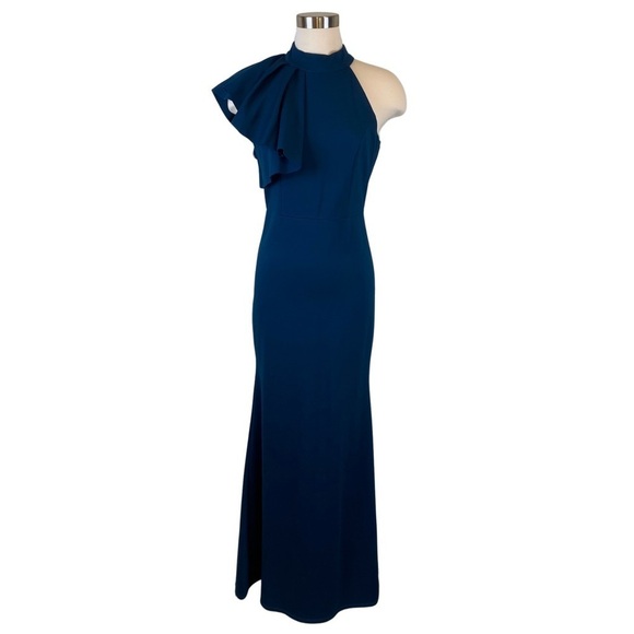 Lulu's NWT Margaux Teal Blue Maxi Dress Sz M One Shoulder Ruffle Mermaid  Stretch